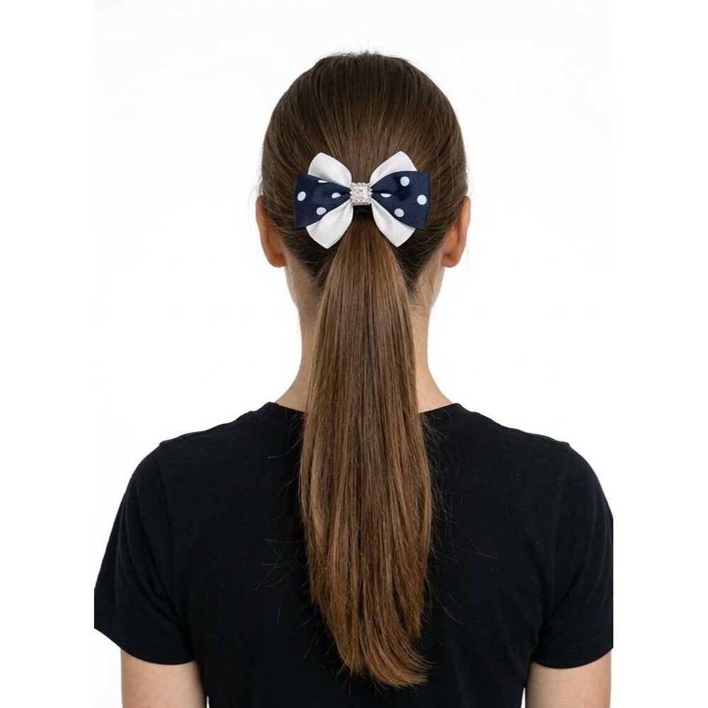 Handmade Navy Blue White Polka Dot Bow Ponytail Holder Elastic Hair Tie - Picture 3 of 7